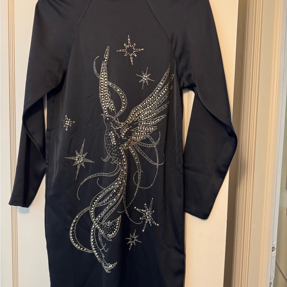 H&M Gorgeous SZ 2 Satin Black Dress with Silver and gold Embellishments
